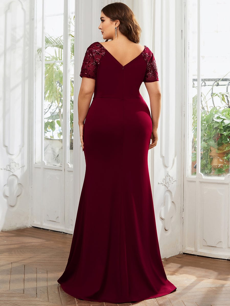 Short Sequin Sleeve V-Neck Front Slit Mother of the Bride Dress #Color_Burgundy