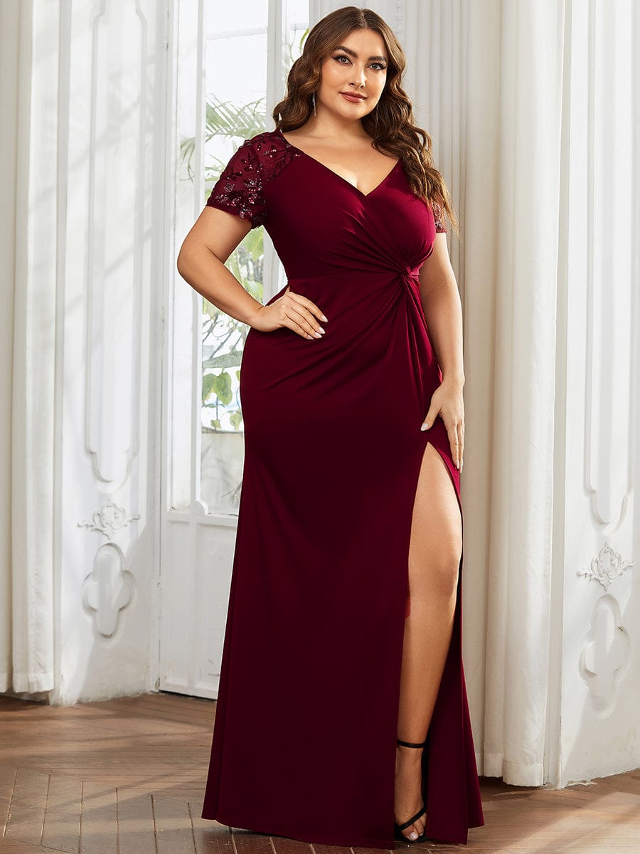 Short Sequin Sleeve V-Neck Front Slit Mother of the Bride Dress #Color_Burgundy