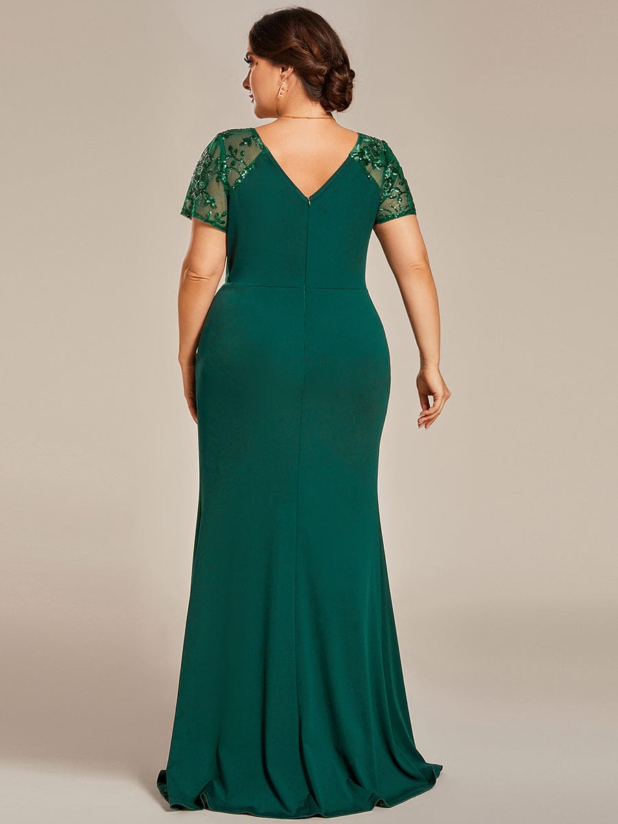 Short Sequin Sleeve V-Neck Front Slit Mother of the Bride Dress #Color_Dark Green