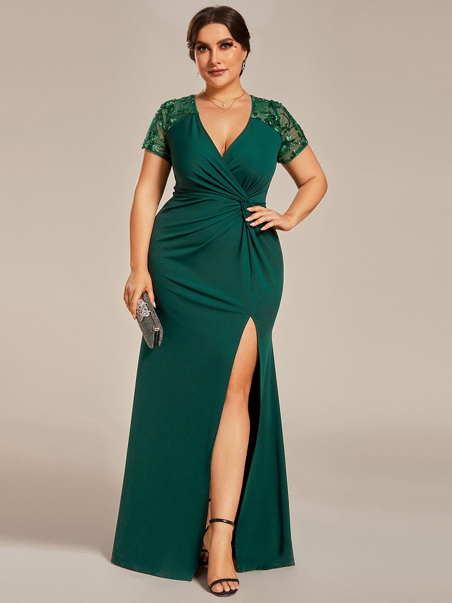 Short Sequin Sleeve V-Neck Front Slit Mother of the Bride Dress #Color_Dark Green