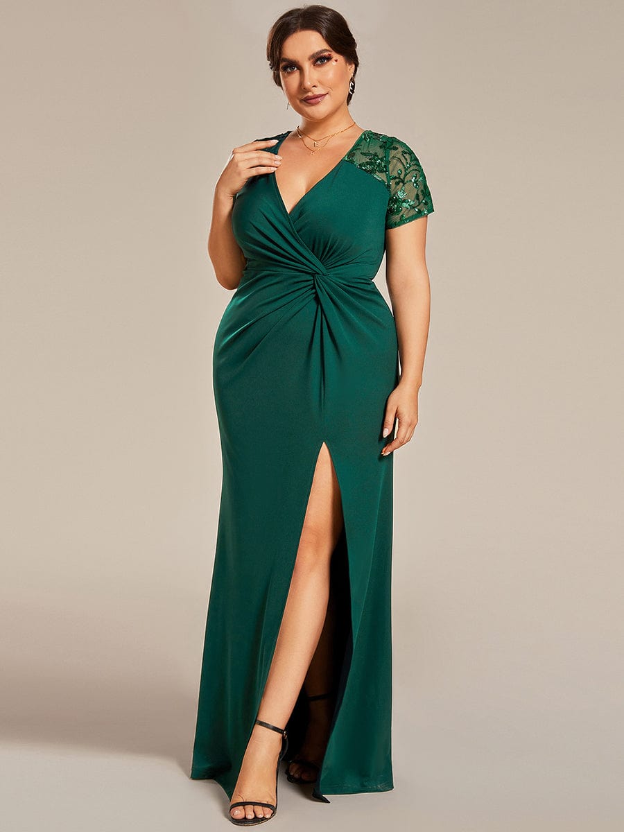 Short Sequin Sleeve V-Neck Front Slit Mother of the Bride Dress #Color_Dark Green