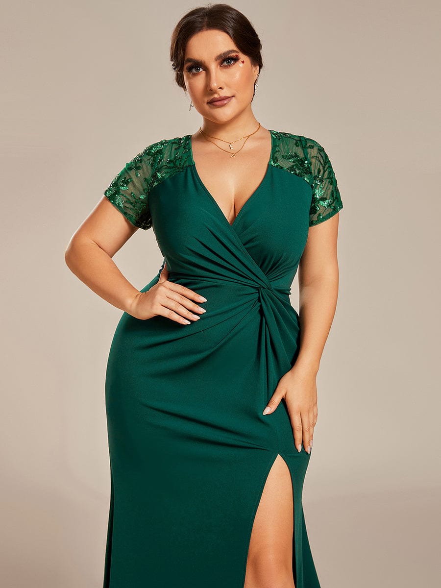 Short Sequin Sleeve V-Neck Front Slit Mother of the Bride Dress #Color_Dark Green