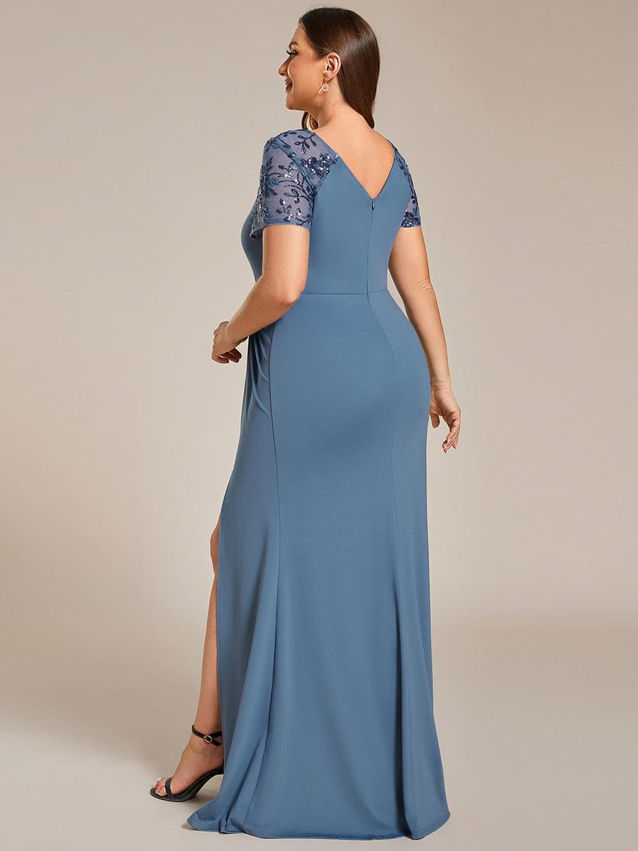 Short Sequin Sleeve V-Neck Front Slit Mother of the Bride Dress #Color_Dusty Navy