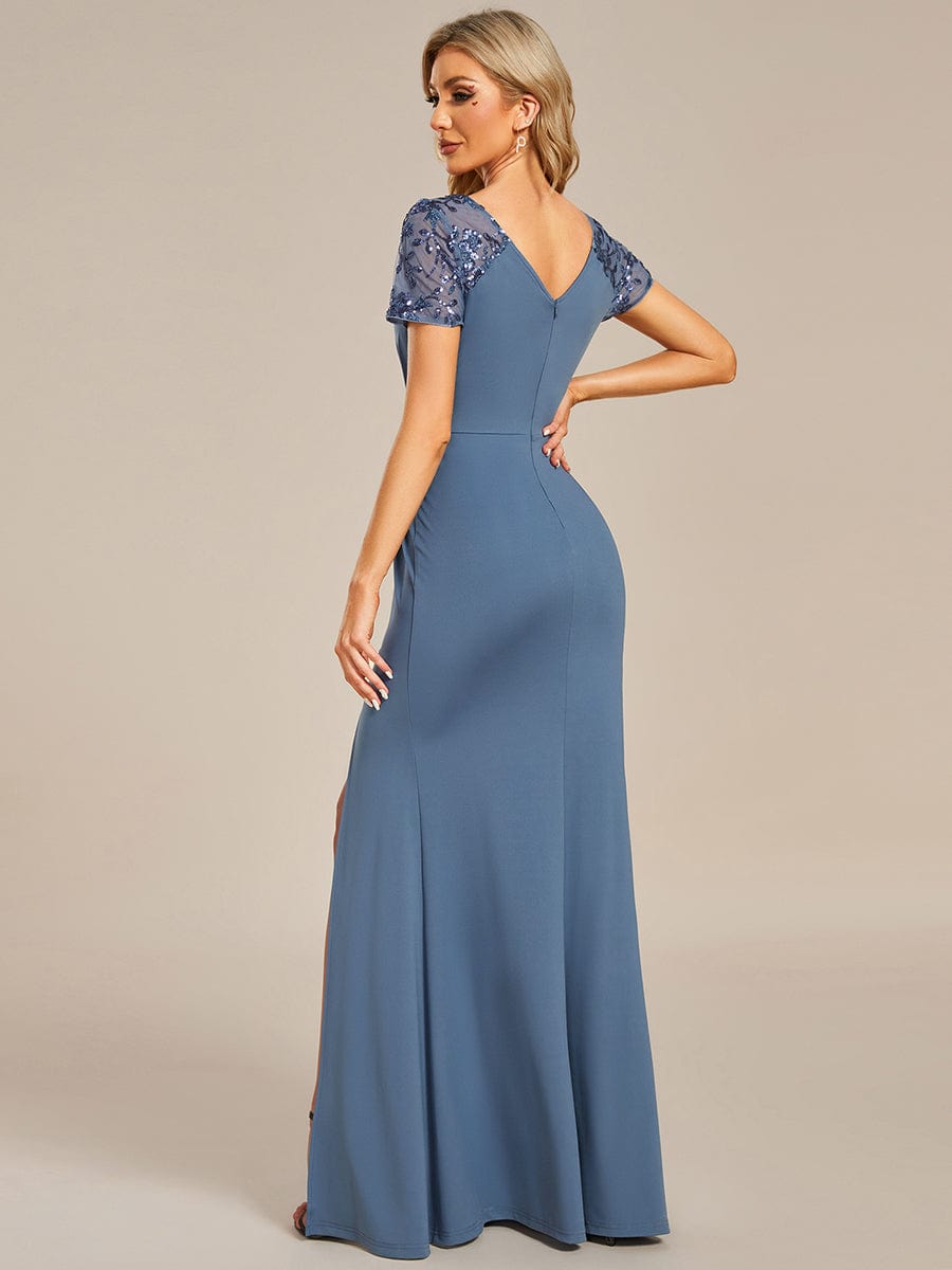 Short Sequin Sleeve V-Neck Front Slit Mother of the Bride Dress #Color_Dusty Navy