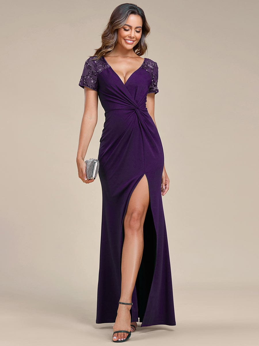 Short Sequin Sleeve V-Neck Front Slit Mother of the Bride Dress #Color_Dark Purple