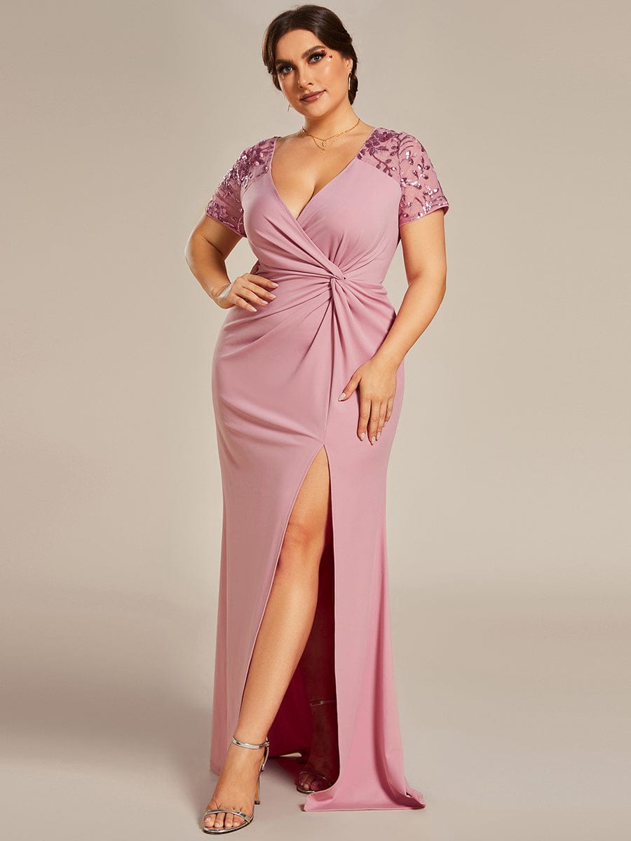 Short Sequin Sleeve V-Neck Front Slit Mother of the Bride Dress #Color_Dusty Rose