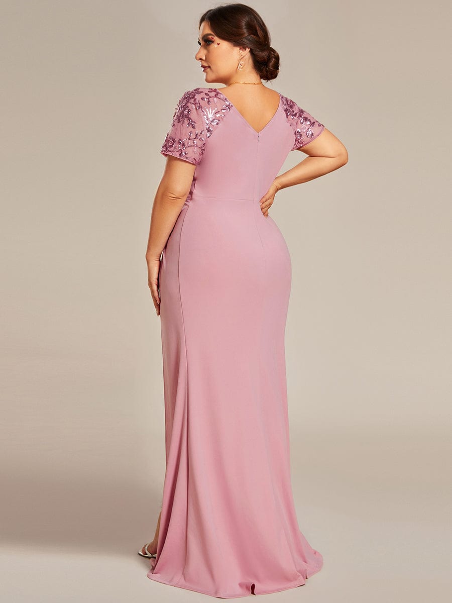 Short Sequin Sleeve V-Neck Front Slit Mother of the Bride Dress #Color_Dusty Rose