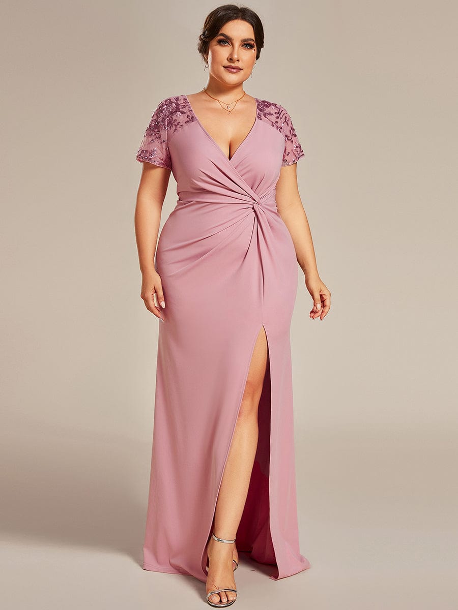 Short Sequin Sleeve V-Neck Front Slit Mother of the Bride Dress #Color_Dusty Rose