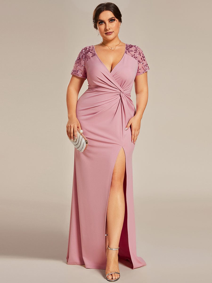 Short Sequin Sleeve V-Neck Front Slit Mother of the Bride Dress #Color_Dusty Rose