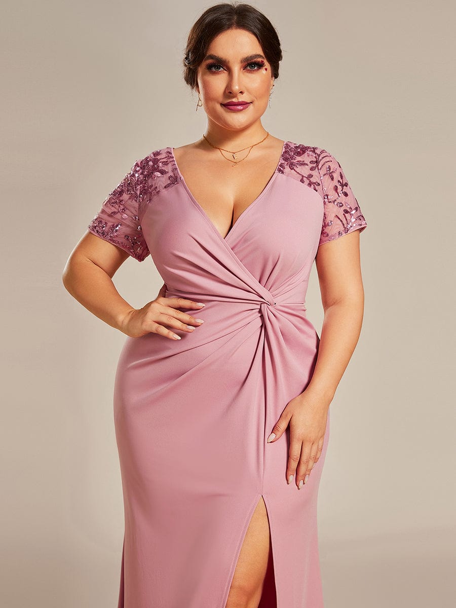 Short Sequin Sleeve V-Neck Front Slit Mother of the Bride Dress #Color_Dusty Rose