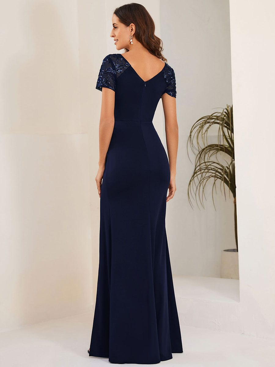 Short Sequin Sleeve V-Neck Front Slit Mother of the Bride Dress #Color_Navy Blue