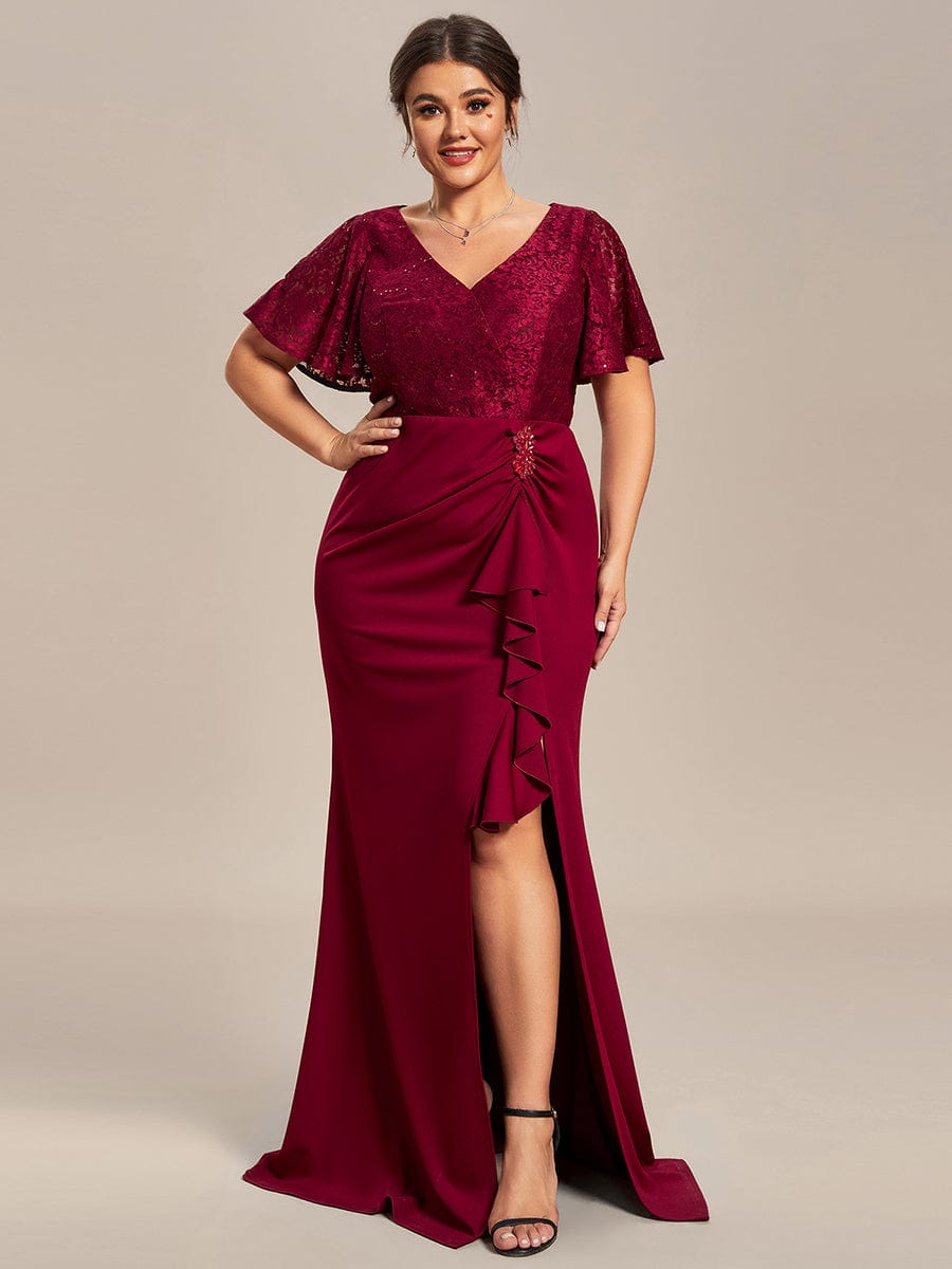 Plus Size Ruffles Sleeve Lace Top Mother of the Bride Dress #color_Burgundy