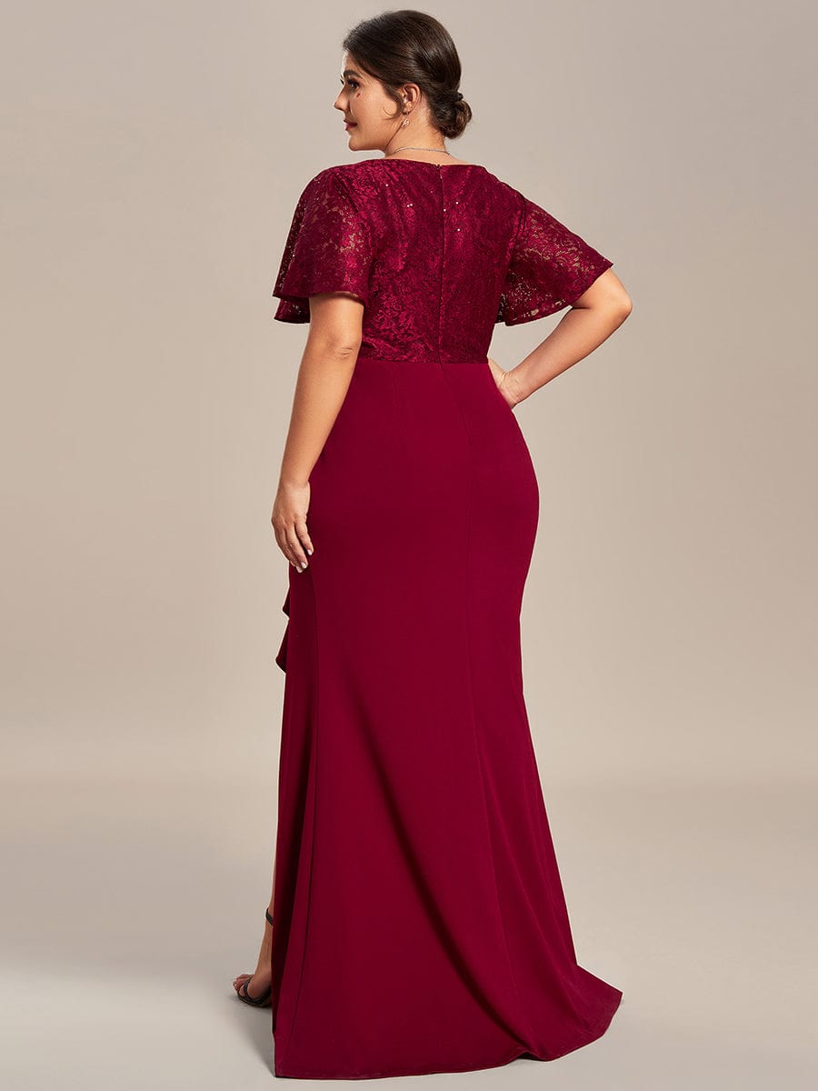 Plus Size Ruffles Sleeve Lace Top Mother of the Bride Dress #color_Burgundy