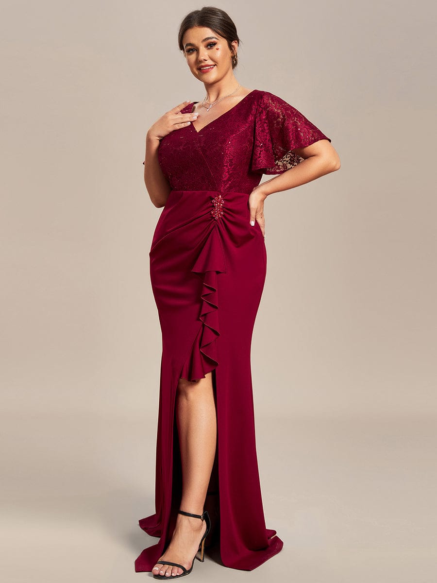 Plus Size Ruffles Sleeve Lace Top Mother of the Bride Dress #color_Burgundy