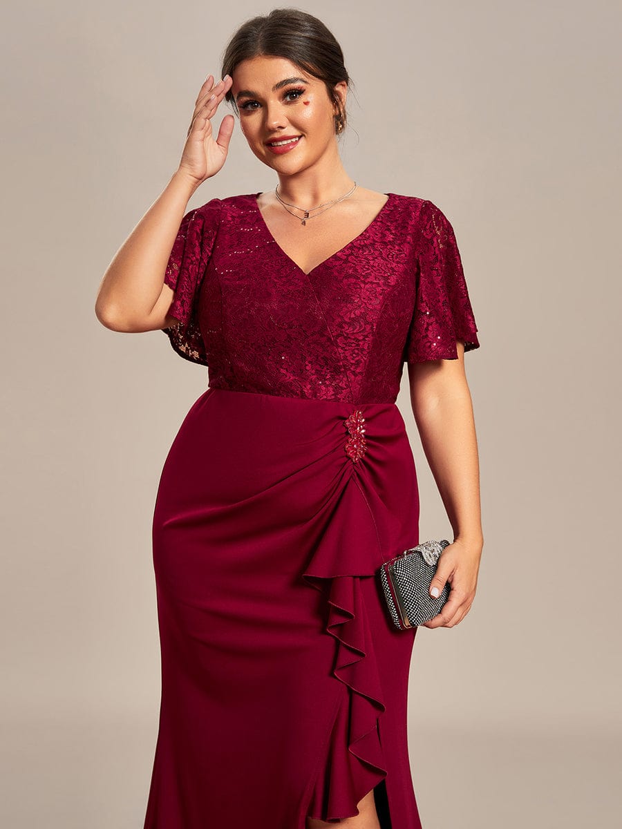 Plus Size Ruffles Sleeve Lace Top Mother of the Bride Dress #color_Burgundy