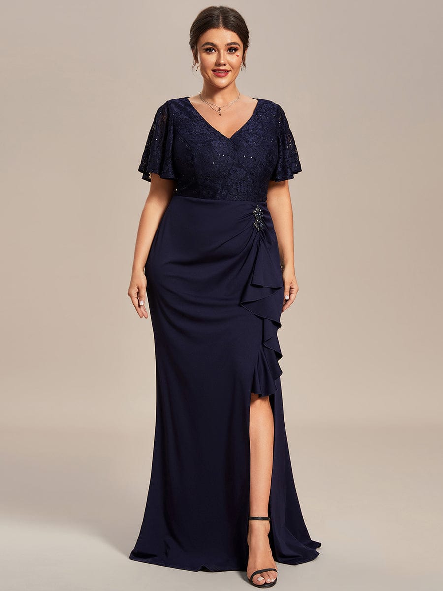 Plus Size Ruffles Sleeve Lace Top Mother of the Bride Dress #color_Navy Blue