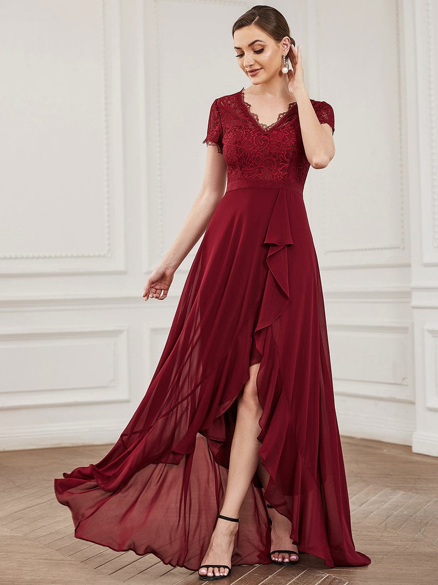 Lace Short Sleeve Chiffon Ruffle Mother of the Bride Dress #color_Burgundy