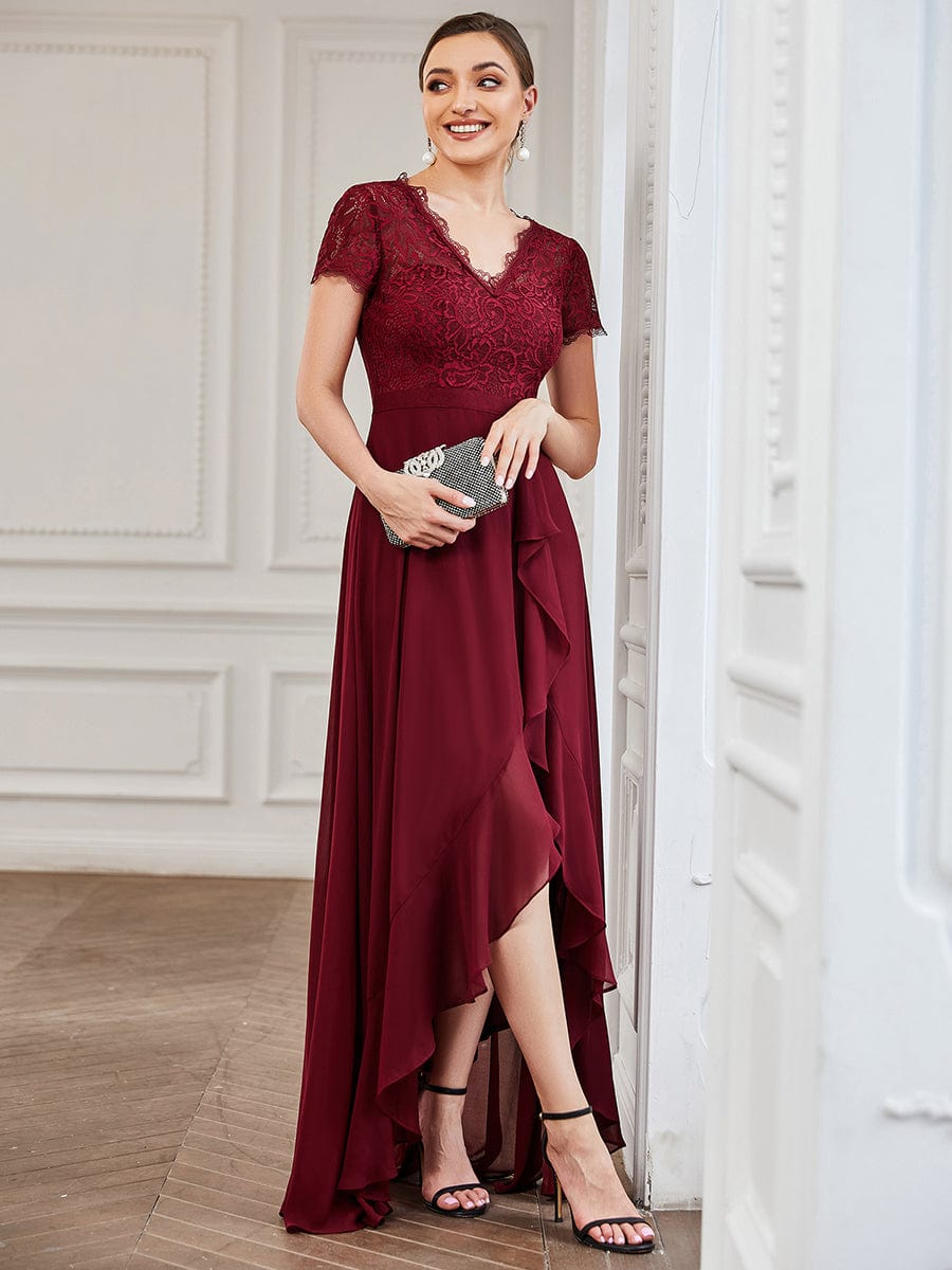 Lace Short Sleeve Chiffon Ruffle Mother of the Bride Dress #color_Burgundy