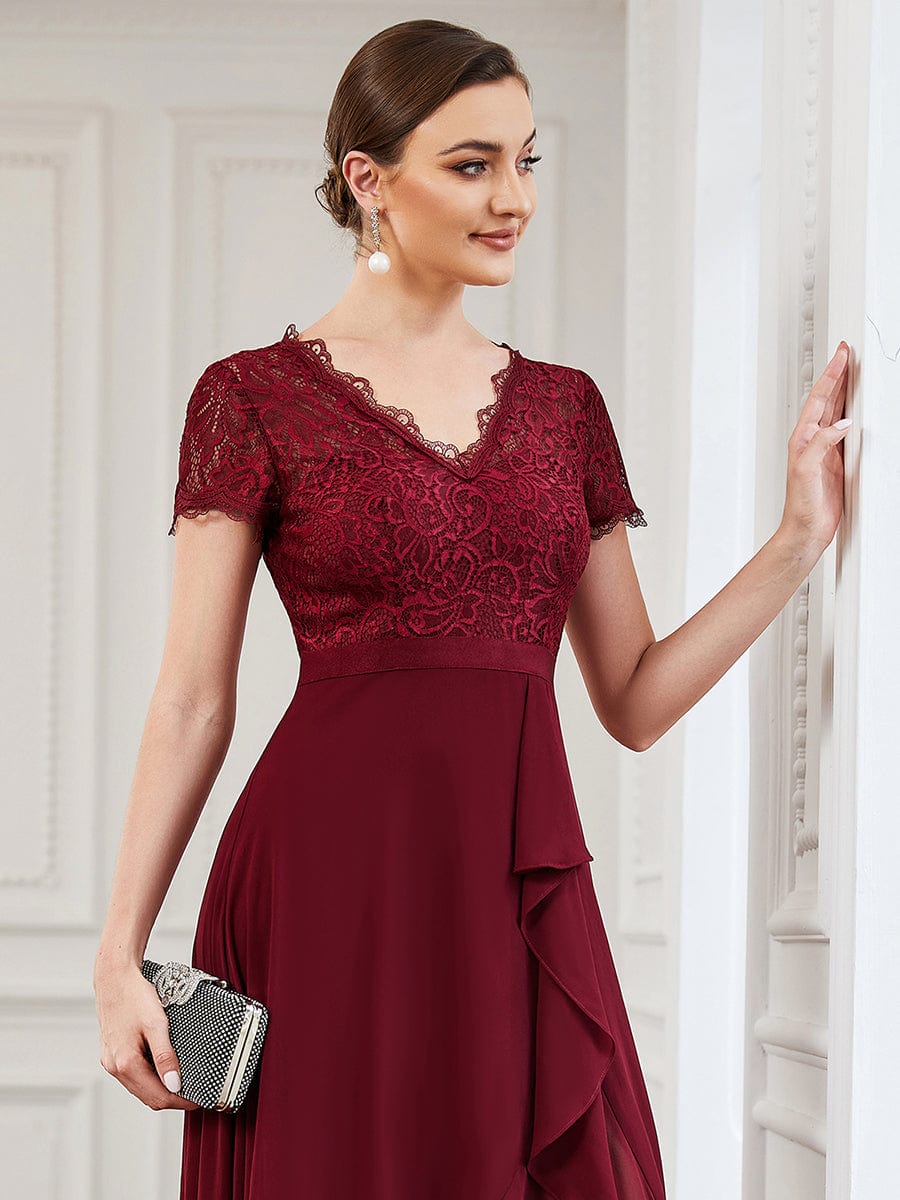 Lace Short Sleeve Chiffon Ruffle Mother of the Bride Dress #color_Burgundy