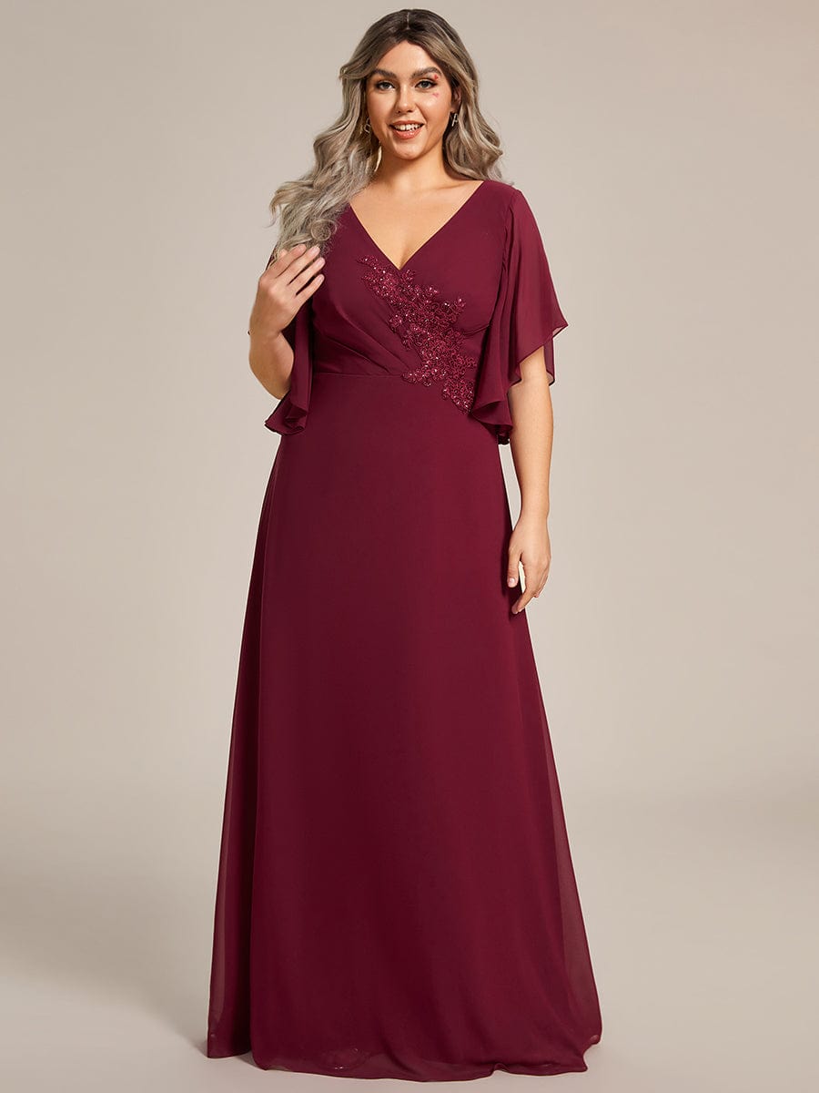 Chiffon Ruffle Sleeve Mother of the Bride Dress with Waist Applique #color_Burgundy