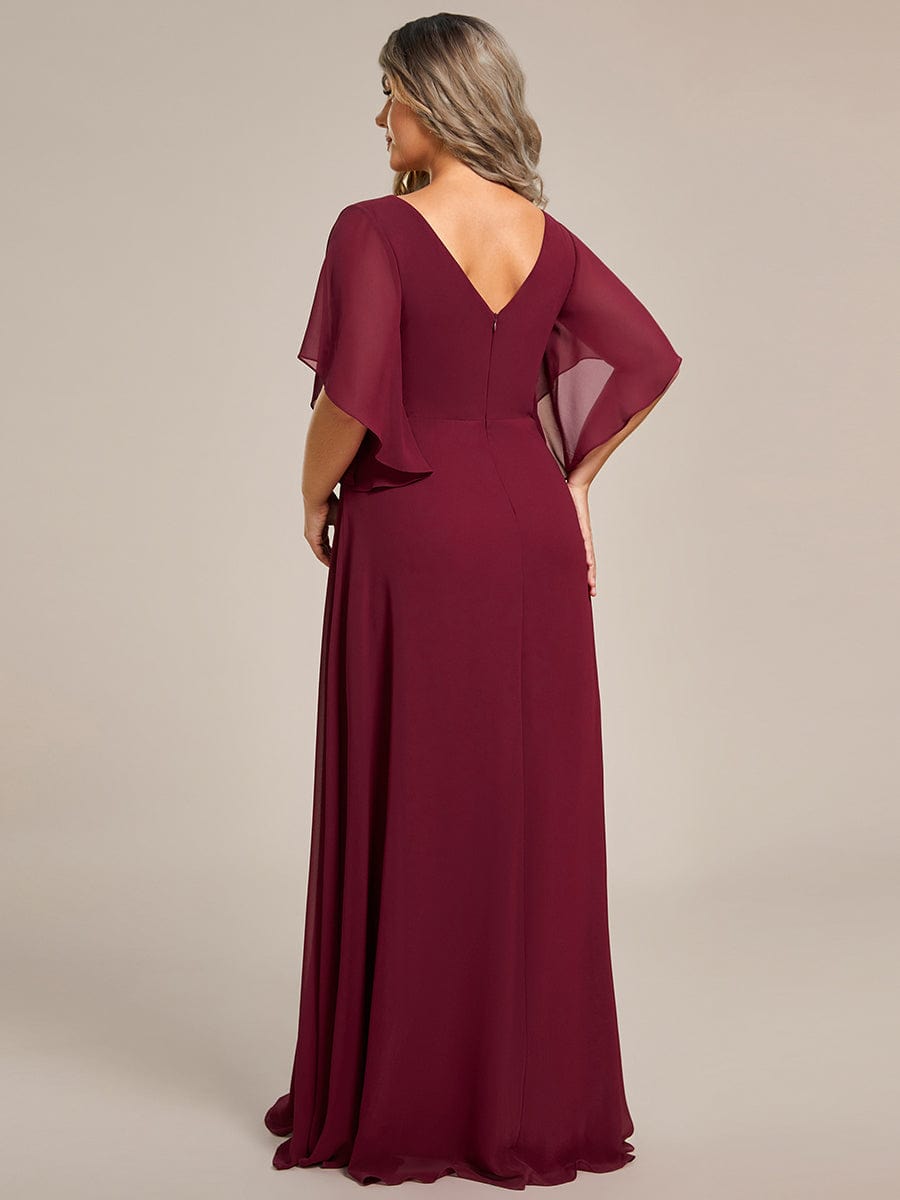 Chiffon Ruffle Sleeve Mother of the Bride Dress with Waist Applique #color_Burgundy