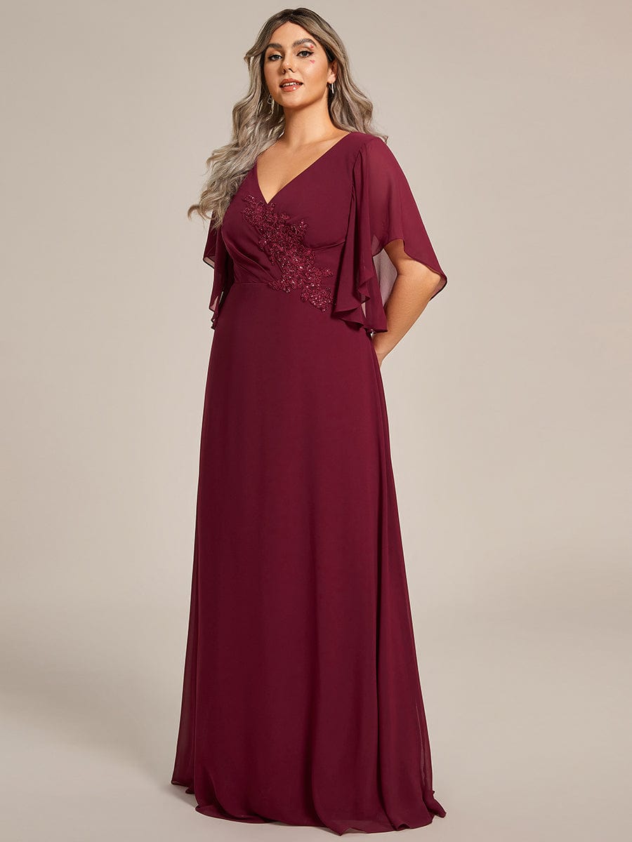 Plus Size Chiffon Ruffle Sleeve Mother of the Bride Dress with Waist Applique #color_Burgundy