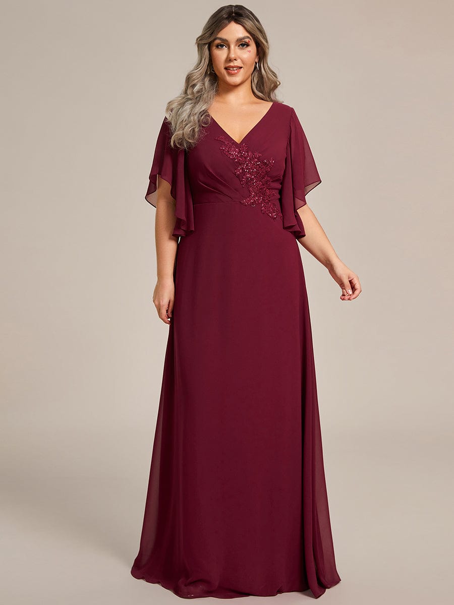 Plus Size Chiffon Ruffle Sleeve Mother of the Bride Dress with Waist Applique