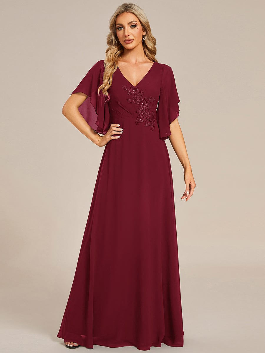 Chiffon Ruffle Sleeve Mother of the Bride Dress with Waist Applique #color_Burgundy