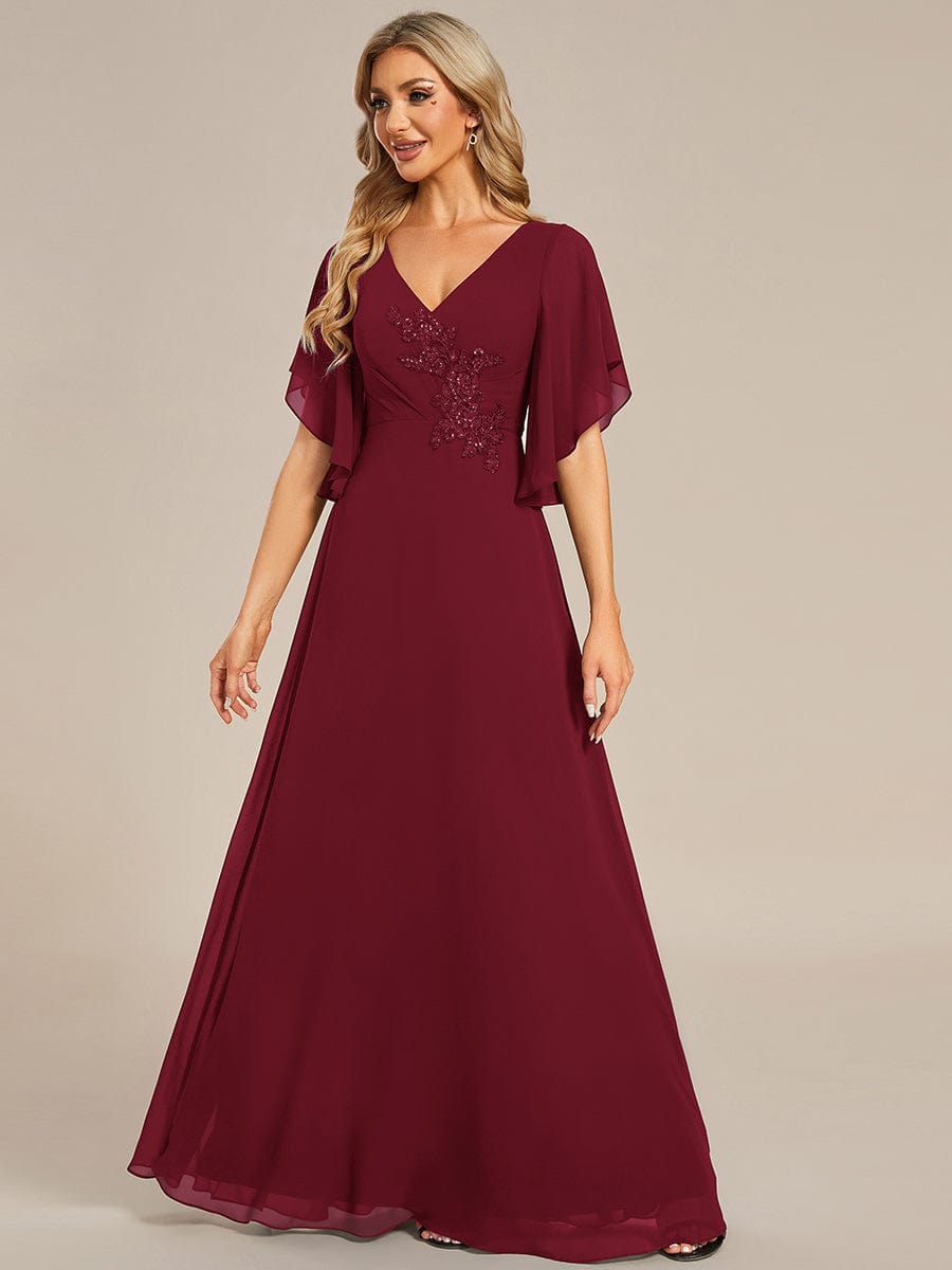 Chiffon Ruffle Sleeve Mother of the Bride Dress with Waist Applique #color_Burgundy