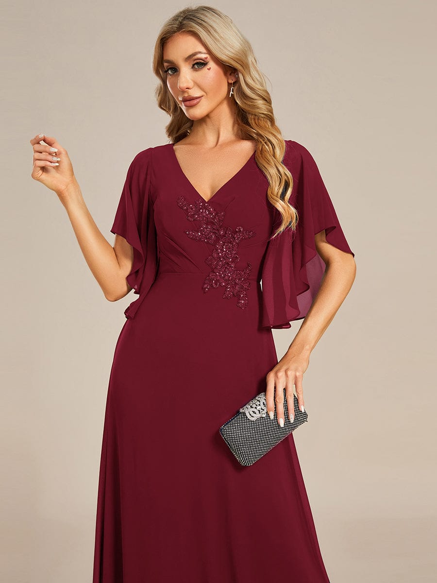 Chiffon Ruffle Sleeve Mother of the Bride Dress with Waist Applique #color_Burgundy