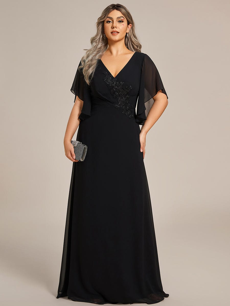 Chiffon Ruffle Sleeve Mother of the Bride Dress with Waist Applique #color_Black