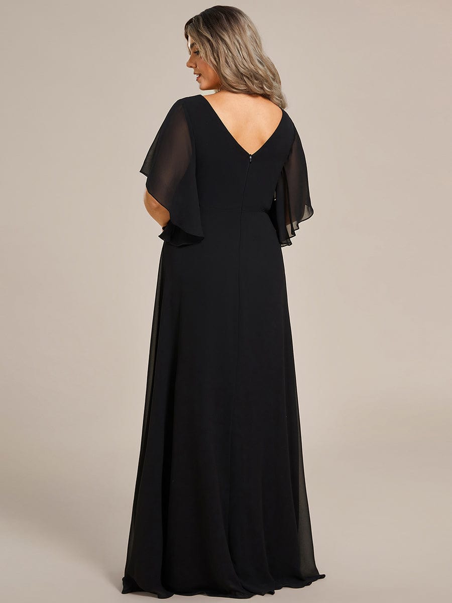 Chiffon Ruffle Sleeve Mother of the Bride Dress with Waist Applique #color_Black