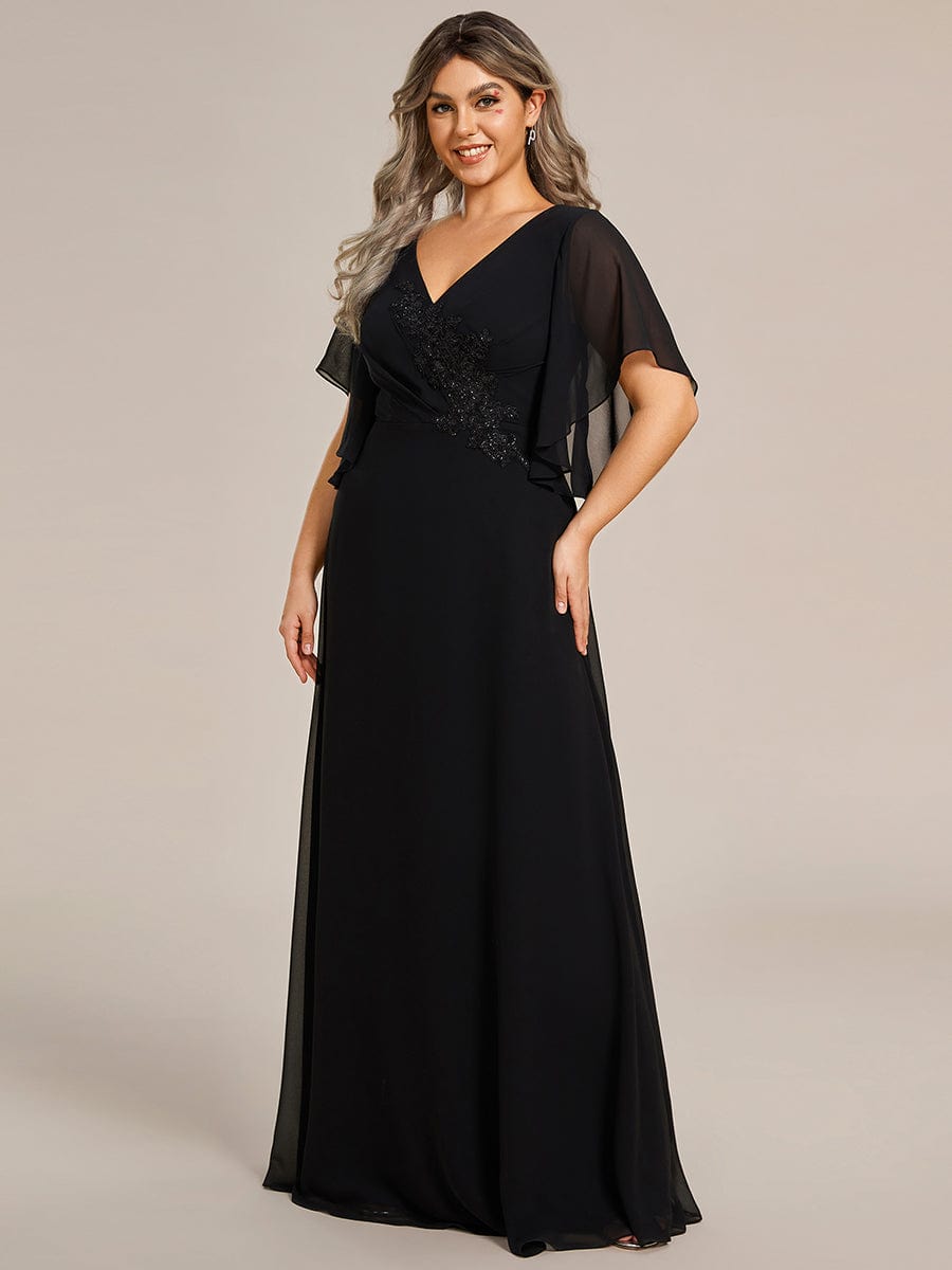 Plus Size Chiffon Ruffle Sleeve Mother of the Bride Dress with Waist Applique #color_Black