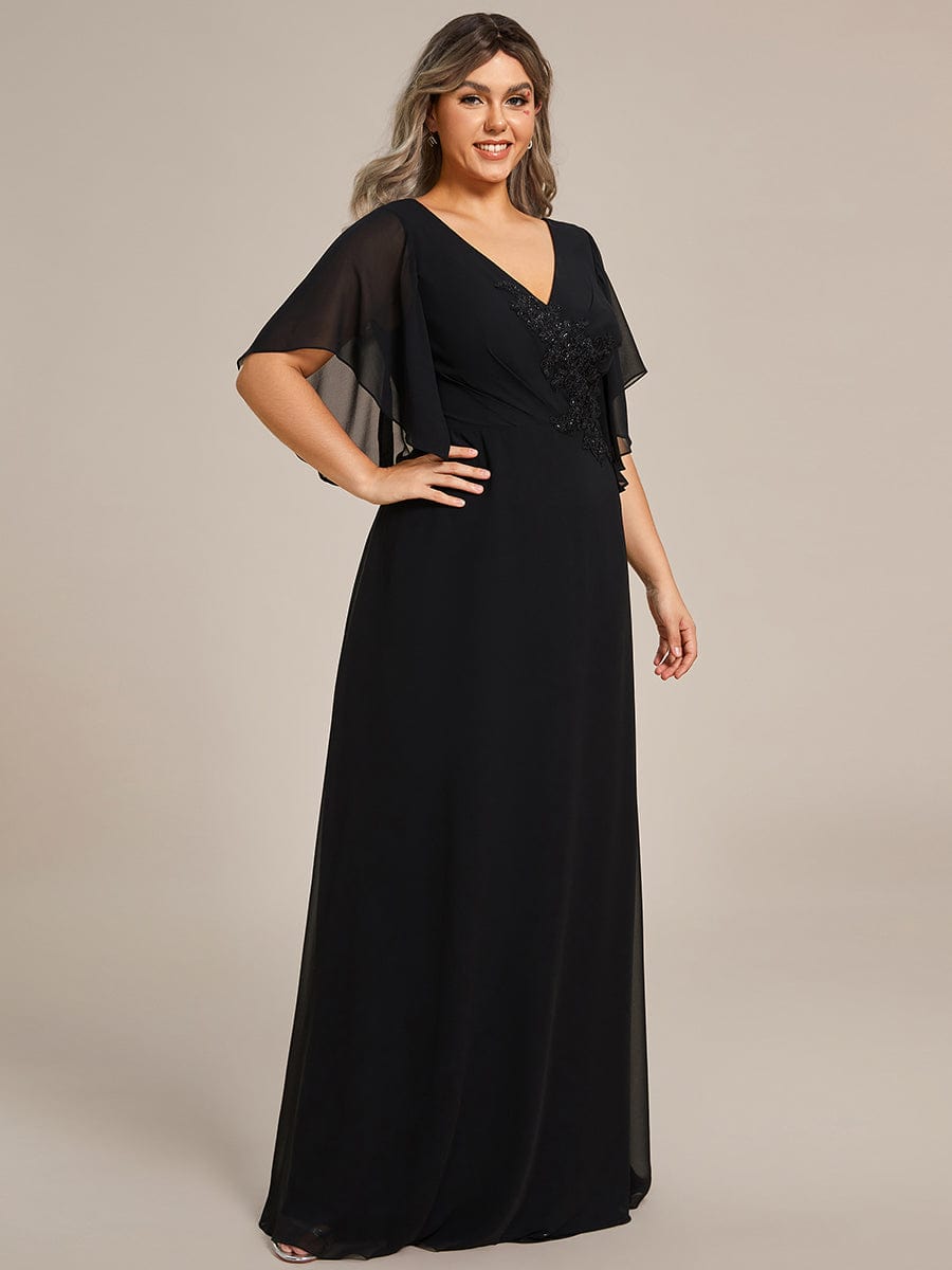 Plus Size Chiffon Ruffle Sleeve Mother of the Bride Dress with Waist Applique #color_Black