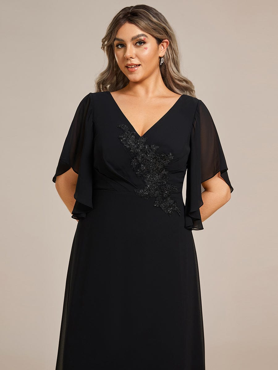 Plus Size Chiffon Ruffle Sleeve Mother of the Bride Dress with Waist Applique #color_Black