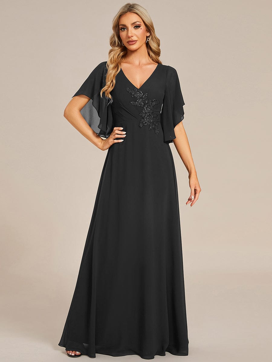 Chiffon Ruffle Sleeve Mother of the Bride Dress with Waist Applique #color_Black