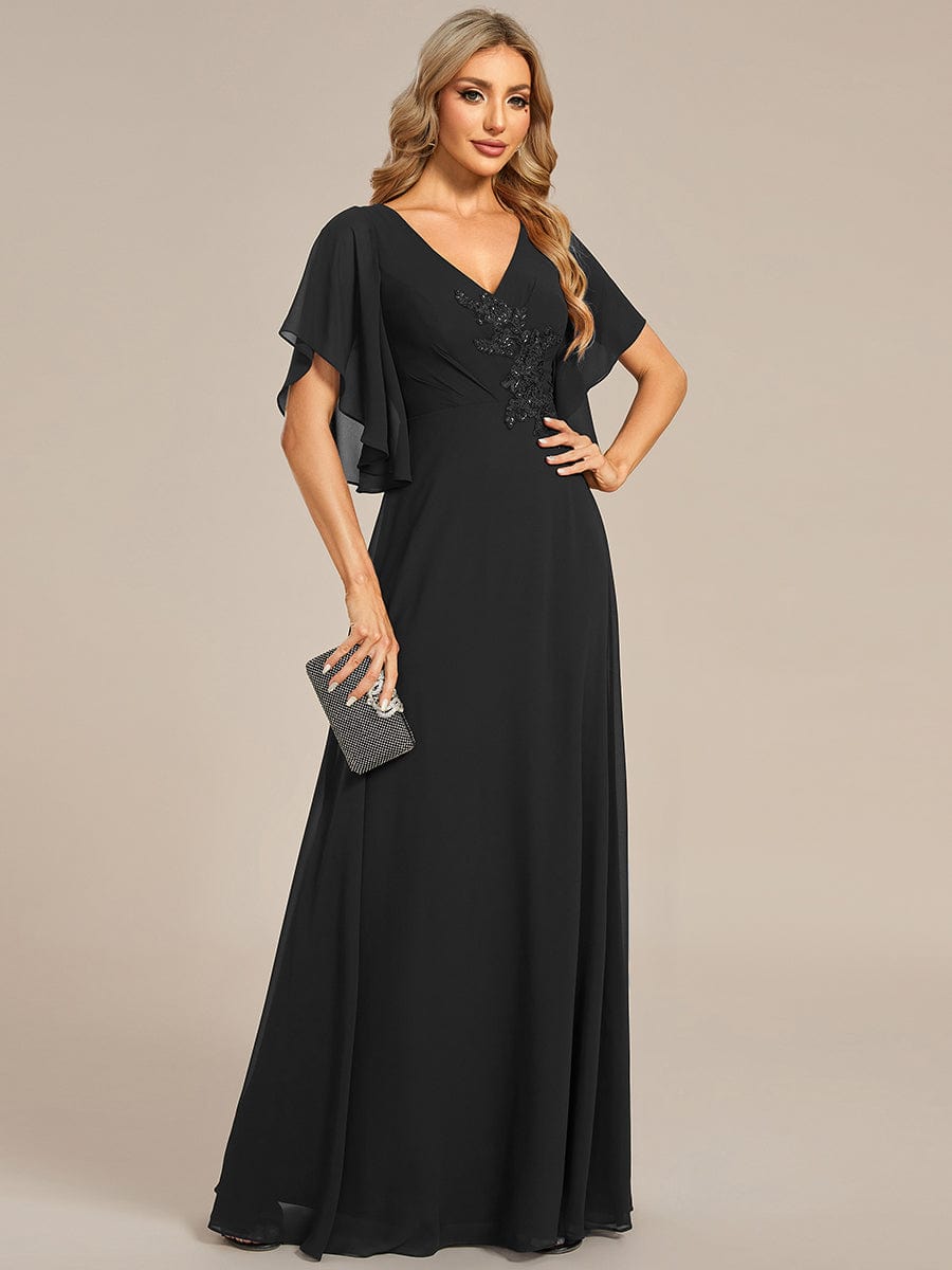 Chiffon Ruffle Sleeve Mother of the Bride Dress with Waist Applique #color_Black