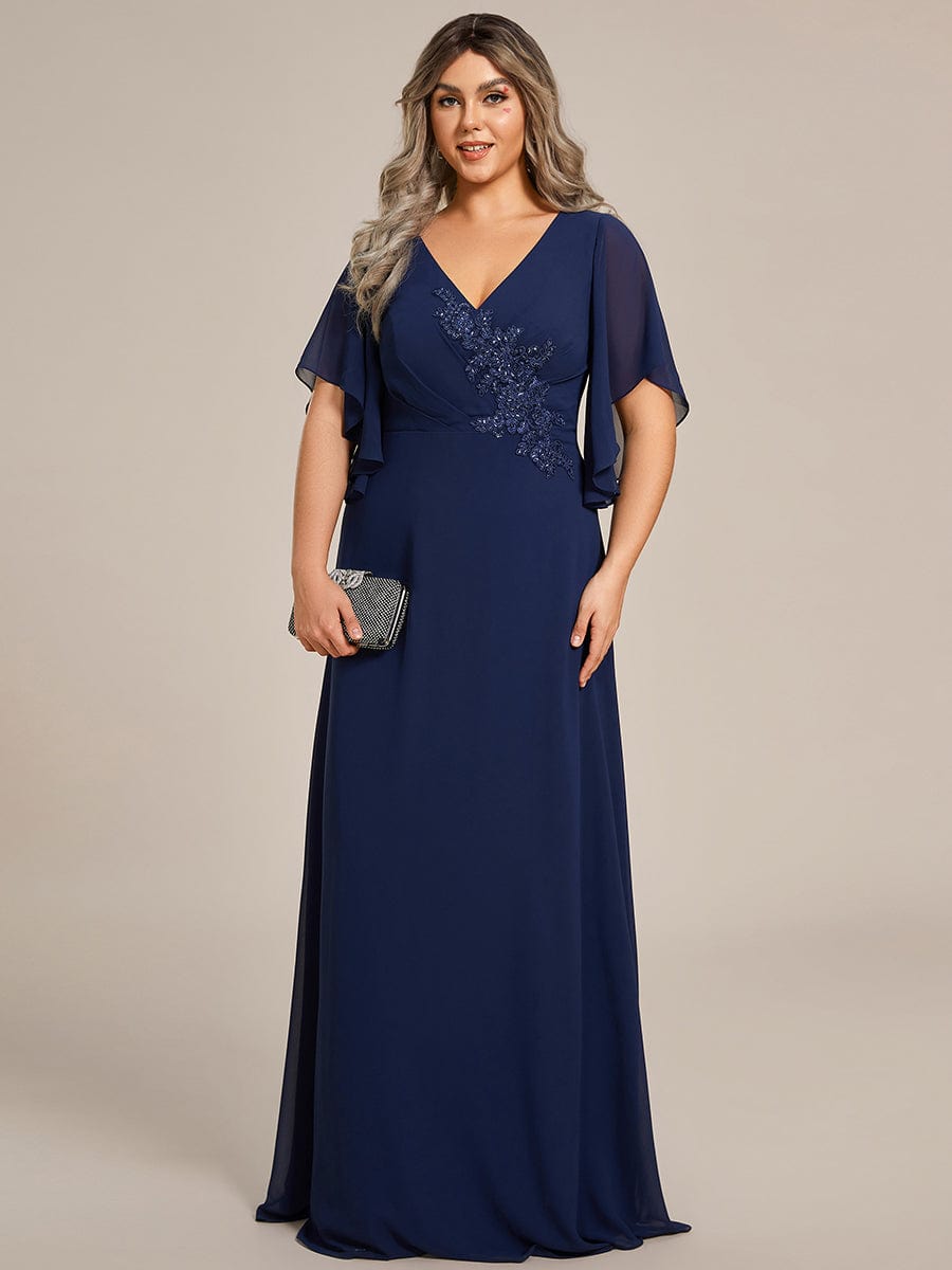 Plus Size Chiffon Ruffle Sleeve Mother of the Bride Dress with Waist Applique #color_Navy Blue