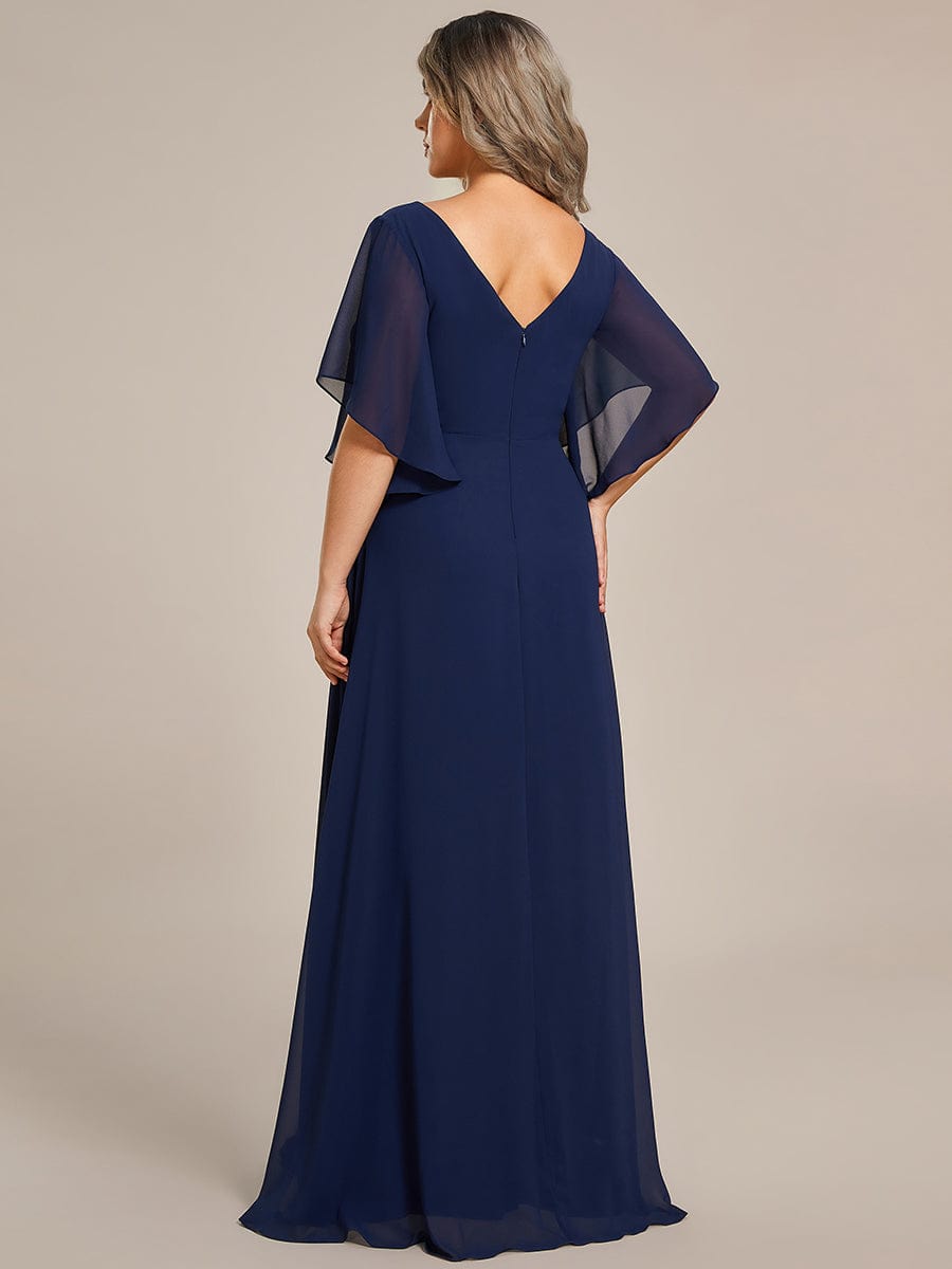 Chiffon Ruffle Sleeve Mother of the Bride Dress with Waist Applique #color_Navy Blue