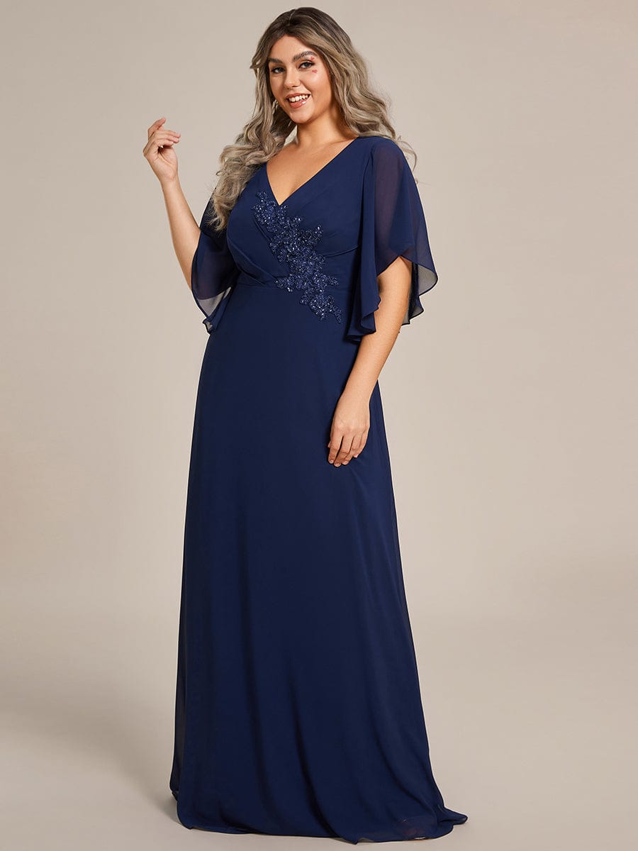 Plus Size Chiffon Ruffle Sleeve Mother of the Bride Dress with Waist Applique #color_Navy Blue