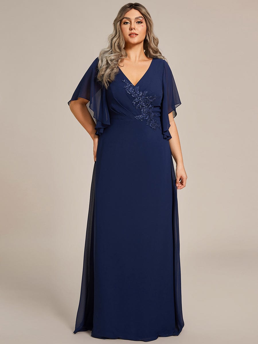 Chiffon Ruffle Sleeve Mother of the Bride Dress with Waist Applique #color_Navy Blue