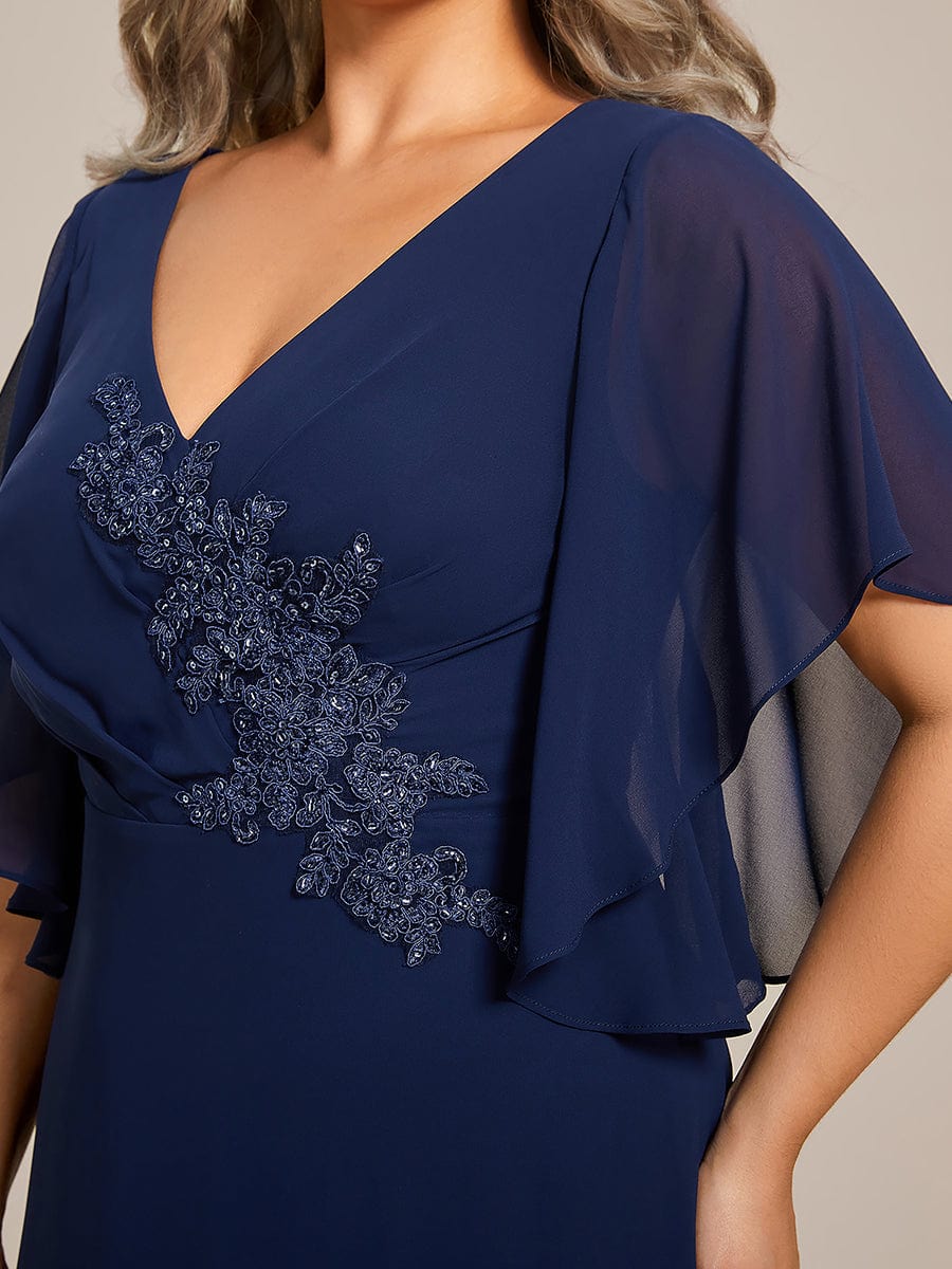 Chiffon Ruffle Sleeve Mother of the Bride Dress with Waist Applique #color_Navy Blue