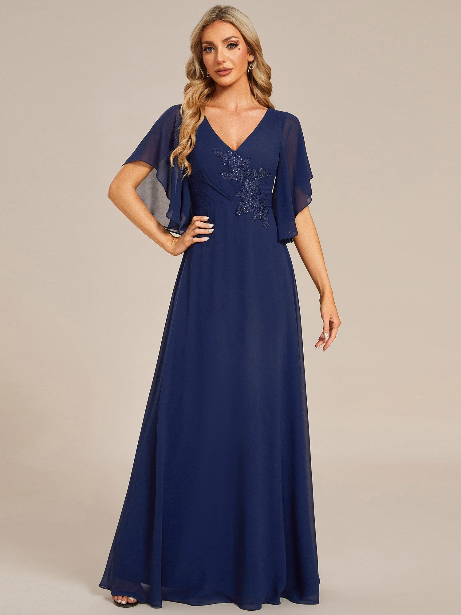 Chiffon Ruffle Sleeve Mother of the Bride Dress with Waist Applique #color_Navy Blue