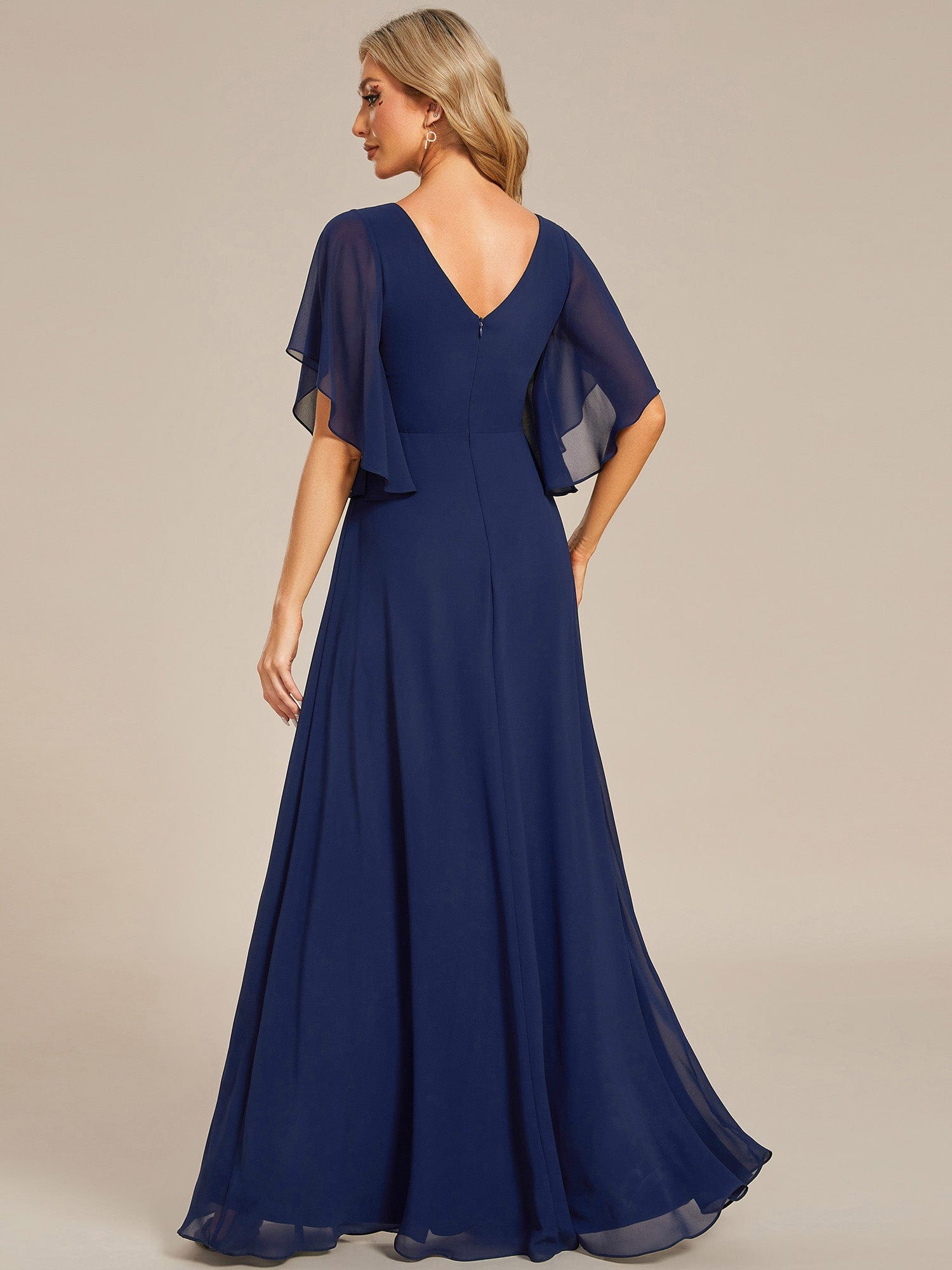 Chiffon Ruffle Sleeve Mother of the Bride Dress with Waist Applique #color_Navy Blue