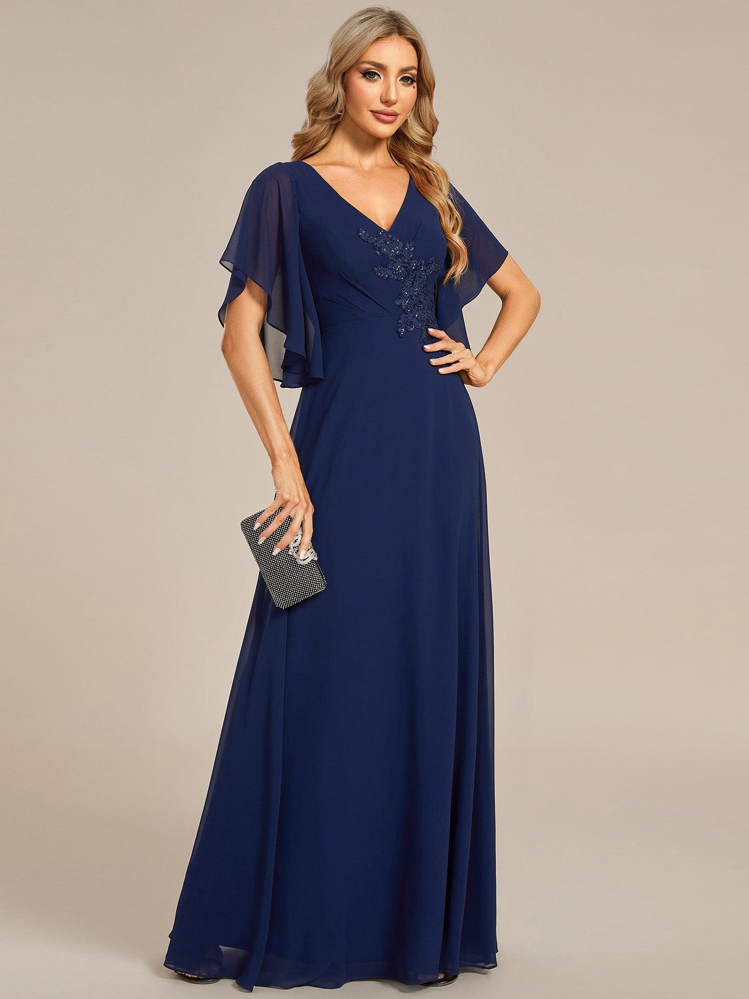 Chiffon Ruffle Sleeve Mother of the Bride Dress with Waist Applique #color_Navy Blue