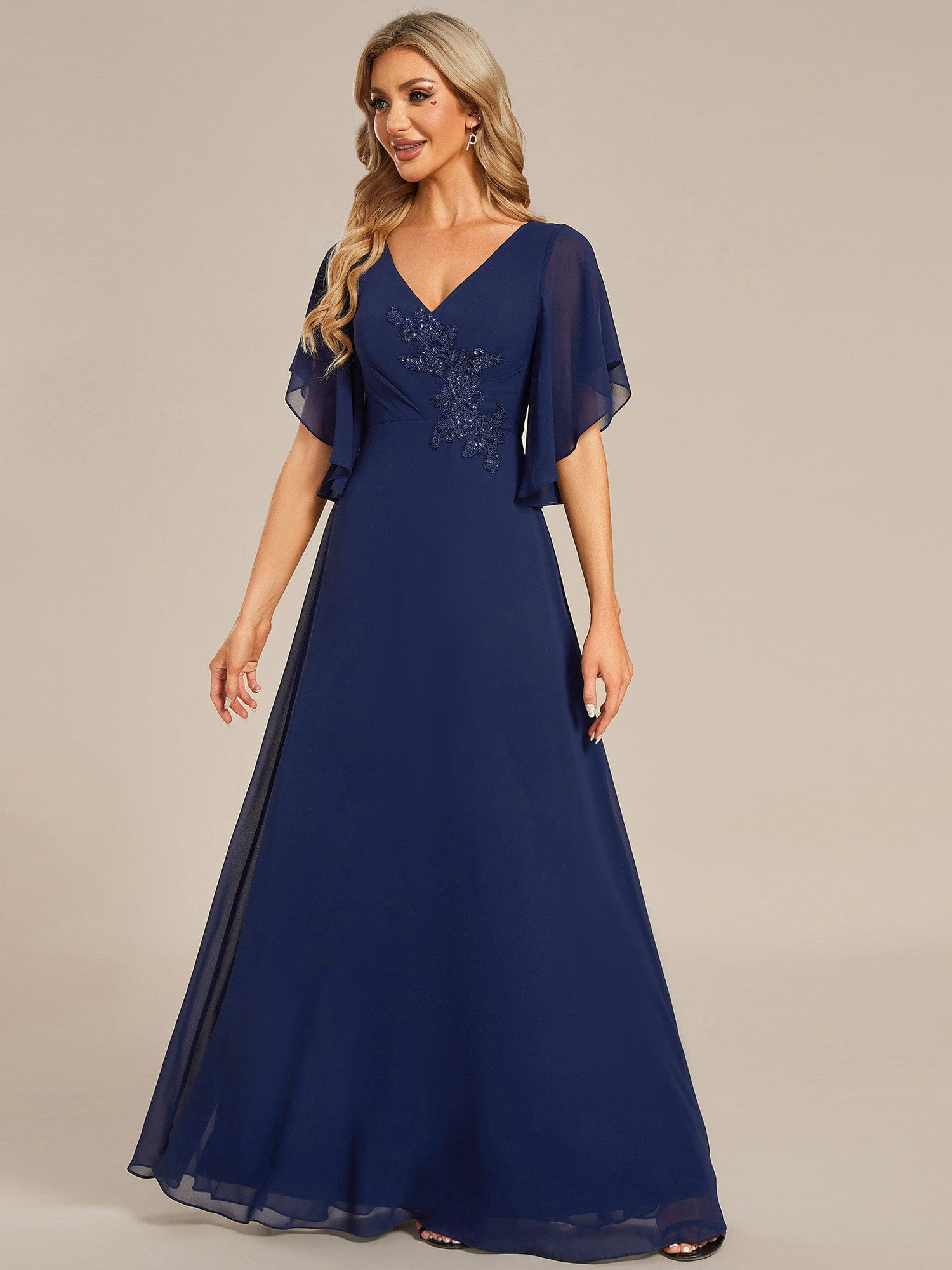 Chiffon Ruffle Sleeve Mother of the Bride Dress with Waist Applique #color_Navy Blue