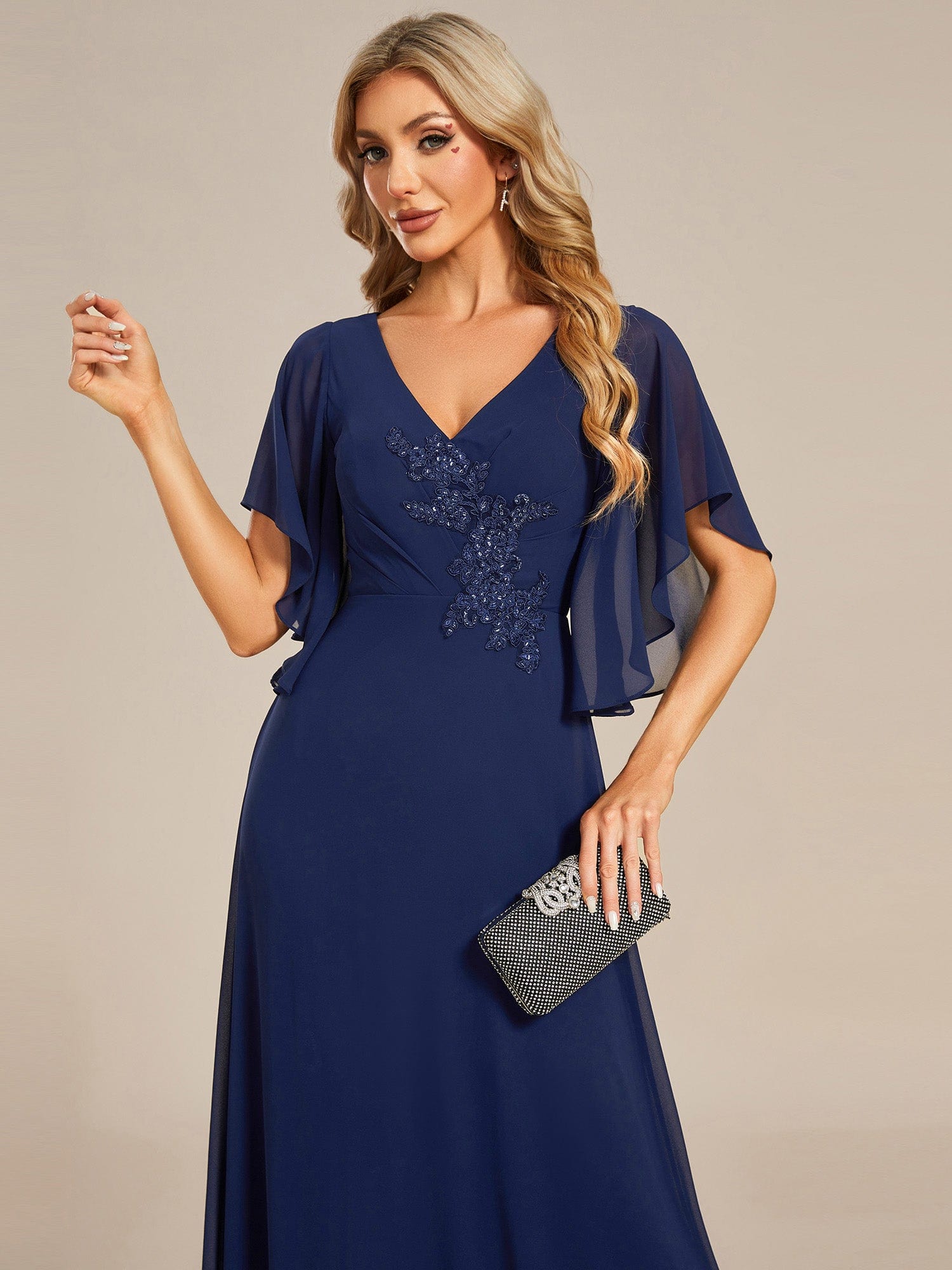 Chiffon Ruffle Sleeve Mother of the Bride Dress with Waist Applique #color_Navy Blue