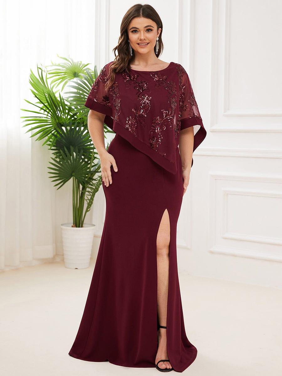 Lace Sequin Shirt Bodycon Floor-Length Mother Dress #color_Burgundy