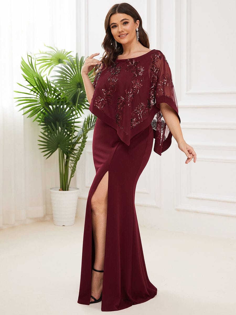 Plus Size Asymmetrical Cape Sequin Mother Of The Bride Dress #color_Burgundy