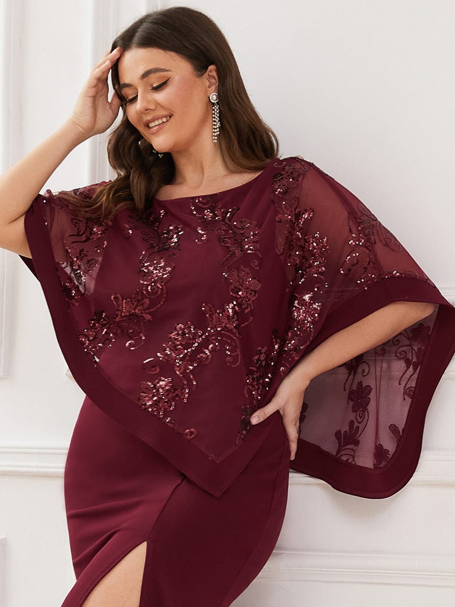 Plus Size Asymmetrical Cape Sequin Mother Of The Bride Dress #color_Burgundy